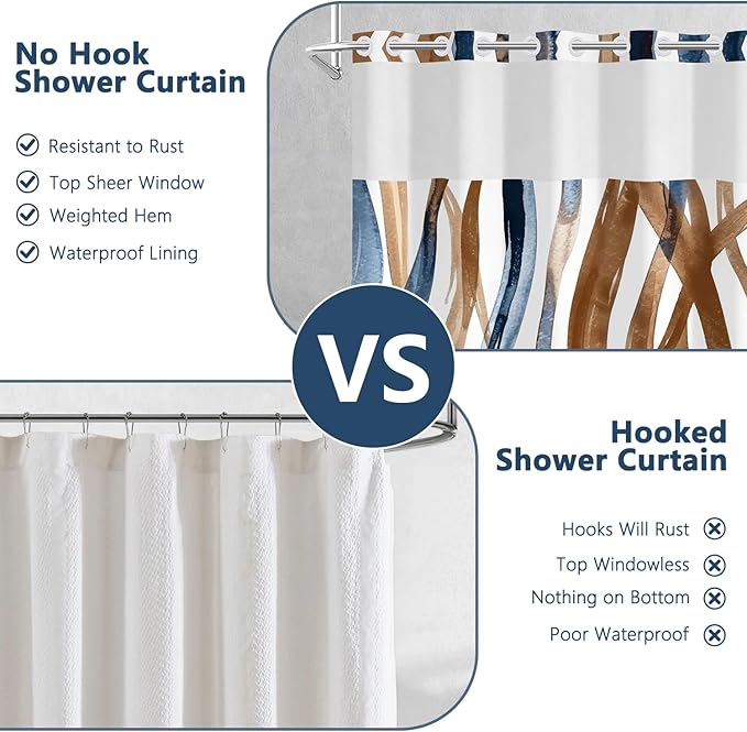 Blue and Brown Striped Shower Curtain and Liner Set, Hotel Luxury Waterproof Double Layers Fabric No Hook Shower Curtain, Modern Abstract Geometric Bathroom Curtains with Top Sheer Window, 71x74 Inch