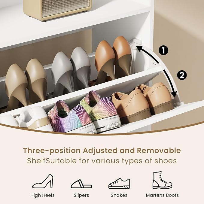 Shoe Cabinet Organizer with 3 Flip Drawers & 3-Tier Adjustable Shelves, Freestanding Shoe Rack Cabinet, Narrow Shoe Storage for Entryway, Foyer, Hallway, White, 23.6" W × 9.4" D × 47.2" H