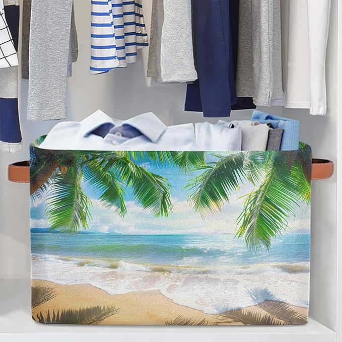 Beach Tropical Coconut Tree Storage Basket for Shelves, Storage Bins with Handles, Collapsible Basket for Organizing, Closet Toy Baskets for Nursery Room, 15x11x9.5 in, Canvas, Summer Beach