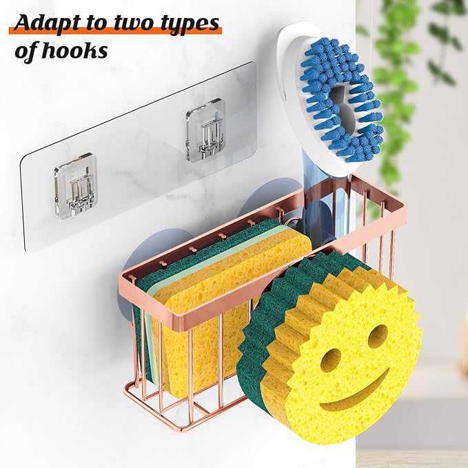 MURLONG Sponge Holder Smiley Face,Sink Caddy for Kitchen Sink,Sponge Holder with 2 PCS Suction Cups/1 PCS Adhesive Strips,Designed for Sponge,Soap,Dish Brush,Scrubber-Rose Gold