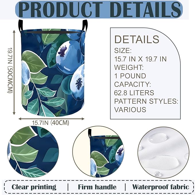 Blueberry Laundry Basket Hamper 19.7"x15.8", Fresh Blueberry Foldable Waterproof Oxford Clothes Storage Bucket for Room Bathroom Bedroom Nursery Decor, Toy Organizer Bins Gifts for Kids Boys Girls