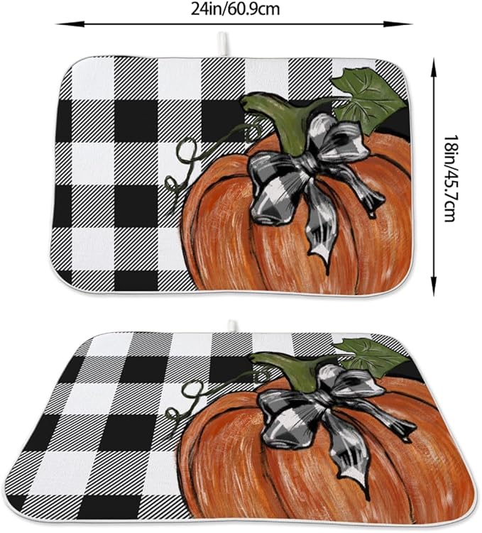 Fall Dish Drying Mat 18 x 24 Inch Thanksgiving Buffalo Plaid Pumpkin Drying Mat for Kitchen Counter Absorbent Farmhouse Autumn Orange Pumpkin Dishes Dry Pad for Drainer Rack Kitchen Fast Dry