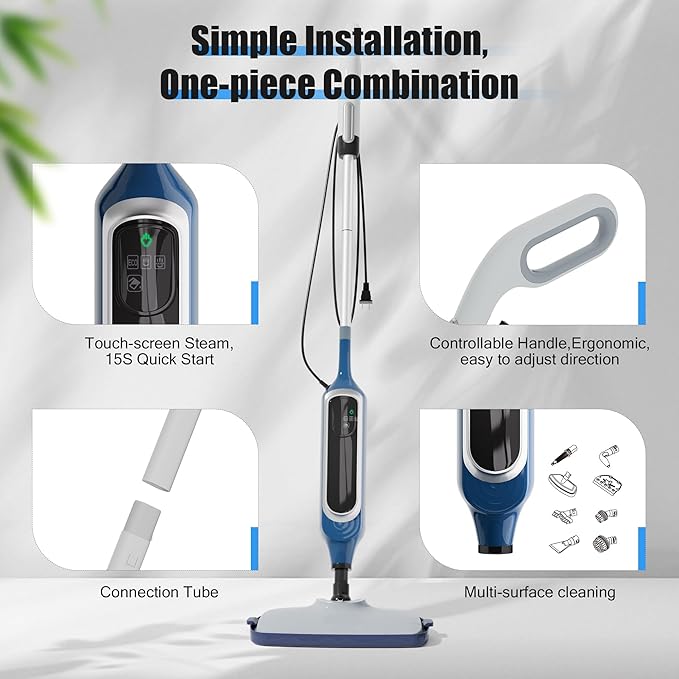 Sapodilla 12 in 1 Steam Mop, Detachable Handheld Steam Cleaner for Home, 23FT Cord, for Hardwood Floor Cleaning, Tile, Carpet, Furniture, Clothes, Windows, Blue