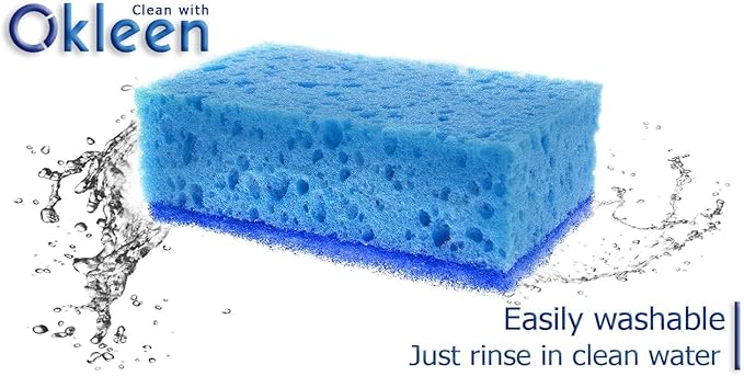 Okleen Blue Multi Use Scrub Sponge. Made in Europe. 18 Pack, 4.3x2.8x1.4 inches. Heavy Duty and Non Scratch Fiber. Odorless, Durable. Delicate Scouring Surface