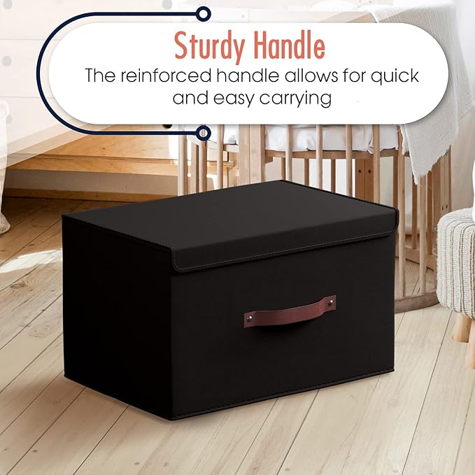 Ornavo Home 6 Pack Collapsible Storage Bins with Lid, Foldable Linen Fabric Shelf Storage Basket Closet Organizer and Large Storage Box for Clothes with Leather Handles, 16.5 x 11.8 x 7.5, Black