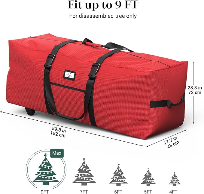Rolling Christmas Tree Storage Bag for 9 ft Artificial Tree, 600D Waterproof Oxford Fabric, Large Christmas Tree Bag with Dual Zipper, Wheels, Handles, Heavy Duty Xmas Storage Container - Red