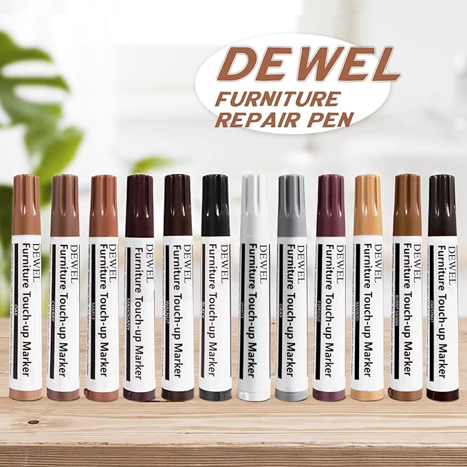 DEWEL Premium Furniture Touch Up Markers, 12 Colors Wood Scratch Repair Markers Kit, Perfect Wood Markers Pens for Scratches, Stains, Wood Floors, Tables, Bedposts