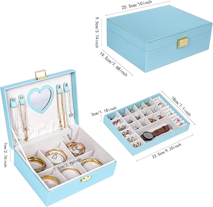 Dajasan Jewelry Box for Teenage Girl Gifts, Jewelry Organizer Box for Little Girls Kids, 2-Layer Large Jewelry Gift Box for Christmas, Valentine's Day, Birthday, Mother's Day (Blue)