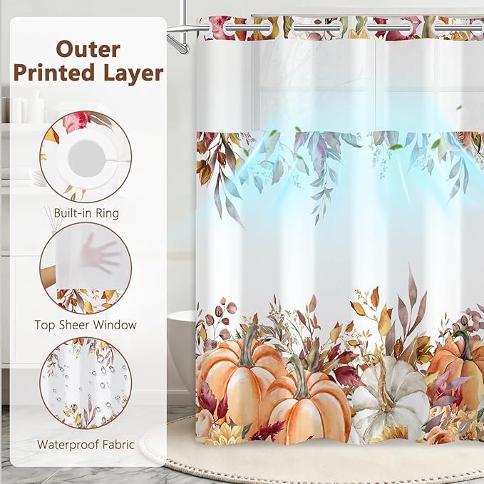 Fall Pumpkin No Hook Shower Curtain and Liner Set, Watercolor Orange Double Layers Waterproof Fabric Shower Curtain, Autumn Pumpkins with Eucalyptus Leaves Farmhouse Bathroom Curtains, 71x74 Inch