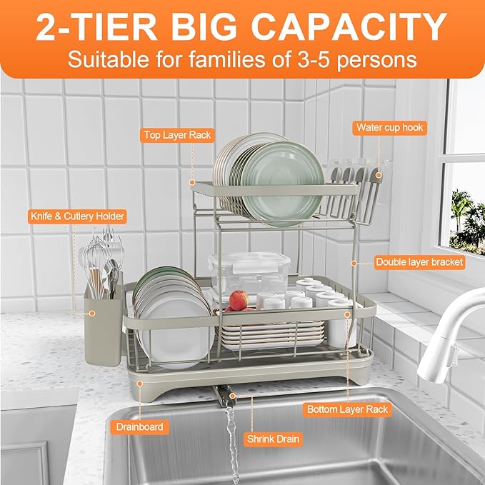 HOMEBOSILY Dish Drying Rack for Kitchen Counter,Two-Tier Dish Rack with Utensil Holder, Auto-Draining Dish Racks, Large Capacity Dish Drainer Organizer for Plates, Bowls, Cups with Drainboard Grey