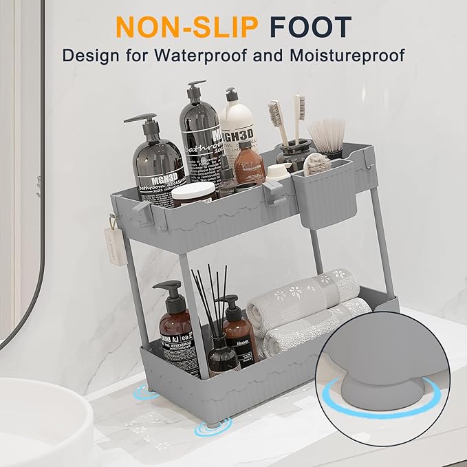 Sevenblue 2 Pack Under Sink Organizer, Under Bathroom Cabinet Organizer with Hooks Hanging Cup, Multi-Purpose Storage Shelf for Kitchen Bathroom (Gray, L)