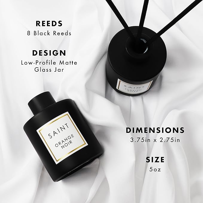 SAINT Reed Diffuser, Aromatherapy Diffuser Set with Scent Diffuser Sticks, Long-Lasting Oil Diffuser in Matte Black Glass Jar, Aroma Diffuser for Home, Bedroom, or Bathroom, 5oz, Orange Noir