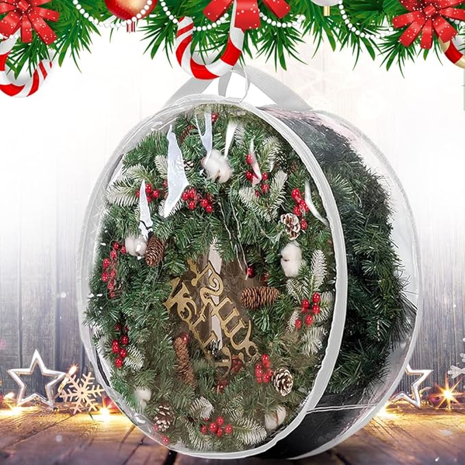 ProPik Christmas Wreath Storage Bag 30" - 2 Pack Clear Xmas Wreath Storage Container - Garland Holiday Artificial Wreath Storage Holder - Water Proof Transparent PVC with Handles (30 Inch, White)