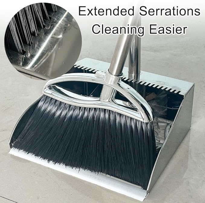 Indoor Broom and Dustpan Comb Set,Heavy Duty Stainless Steel Metal Dust Pan with Long Handle Sweeping Soft Bristles Broom for Floor Home Lobby Office