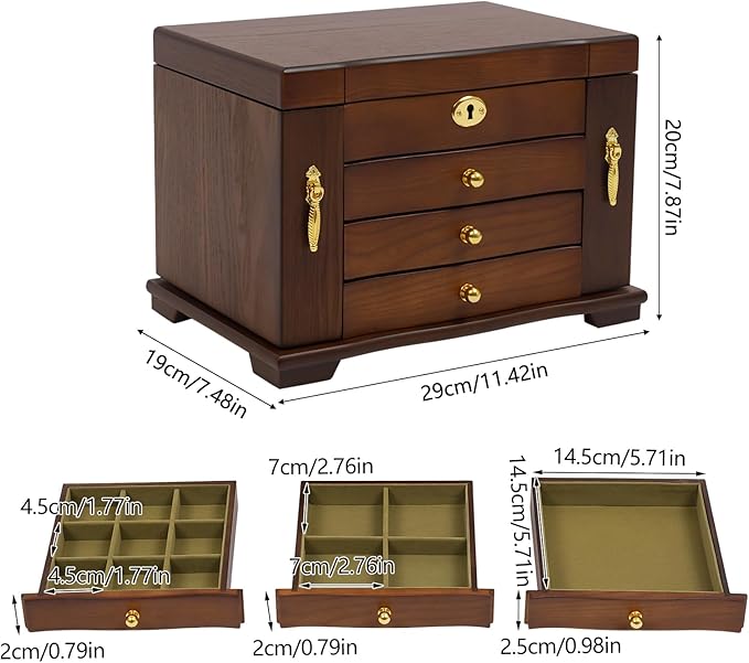 Jewelry Box,Wooden Jewelry Organizer,4 Layers Large Capacity Jewelry Holder Watches Necklace Ring Storage Box (Original Wood)
