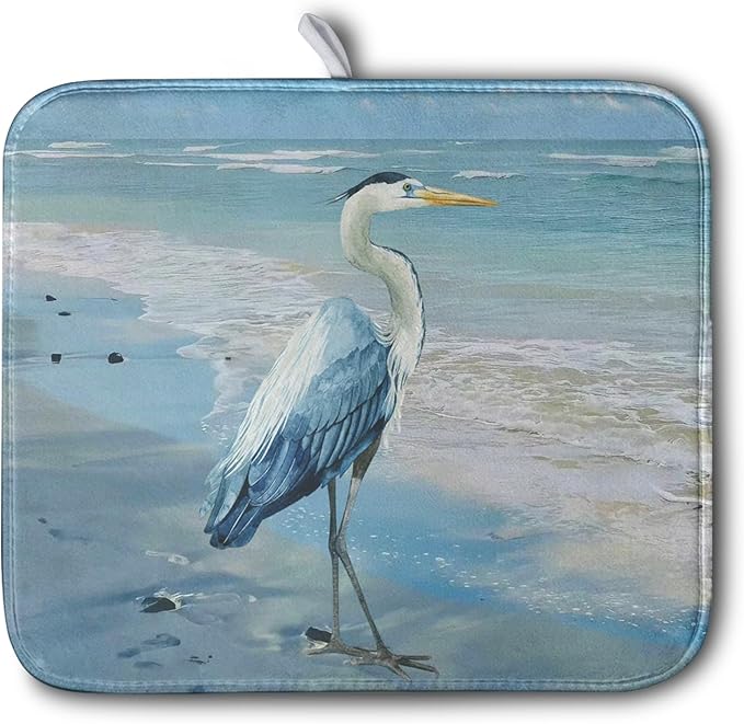 Kwlegh Summer Blue Dish Drying Mat for Kitchen Counter 16x18 Inch Heron Coastal Beach Drying Mats Nautical Ocean Bird Dishes Drainer Mats Microfiber Absorbent Dish Rack Pad