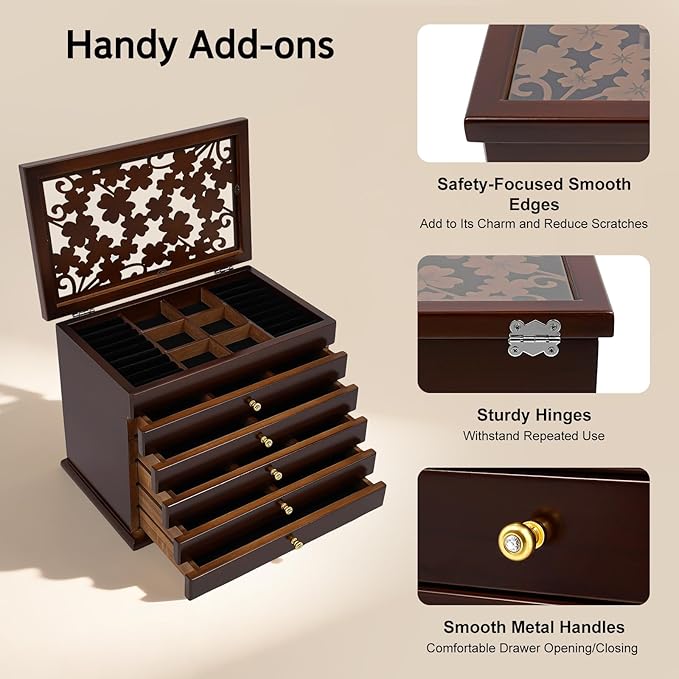 Jewelry Box,Wooden Jewelry Organizer,6 Layers Large Capacity Jewelry Holder Watches Necklace Ring Storage Box (Wood Color 6-tier)