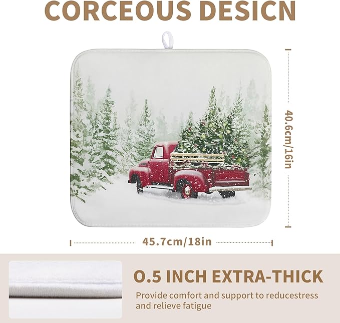 Wnoesat Christmas Dish Drying Mat Red Truck Xmas Tree Drying Mats for Kitchen Counter Winter Holiday Dishes Drainer Mats Absorbent Microfiber Dish Draining Pad Extra 16x18 Inch