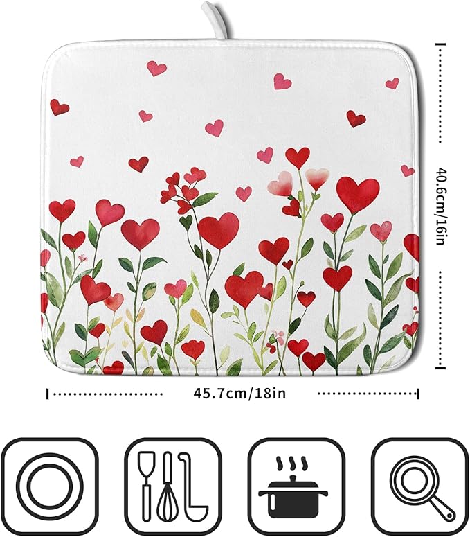 Valentines Day Dish Drying Mat for Kitchen Counter 18x16 Inch Green Red Heart Drying Mat with Absorbent Reversible Microfiber Holiday Love Dish Drainer Mats Rack Pad for Coffee Countertop Protector