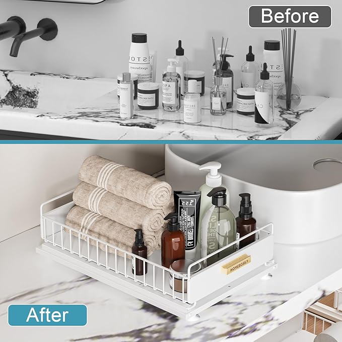 HOMEBOSILY Under Sink Organizer, 2 Pack Pull Out Kitchen Cabinet Organizer, Mute Slide-Out Under Sink Organizers and Storage, Metal Kitchen Bathroom Organizers and Storage Shelves, White