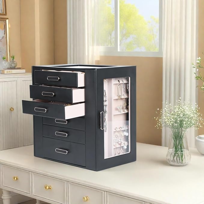 Jewelry Boxes for Women, 6 Layer Jewelry Organizer with Glass Lids, Jewelry Holder Organizer with 5 Drawers and 2 Glass Doors for Jewelry Storage, Big Jewelry Box for Womens Gift (Black)