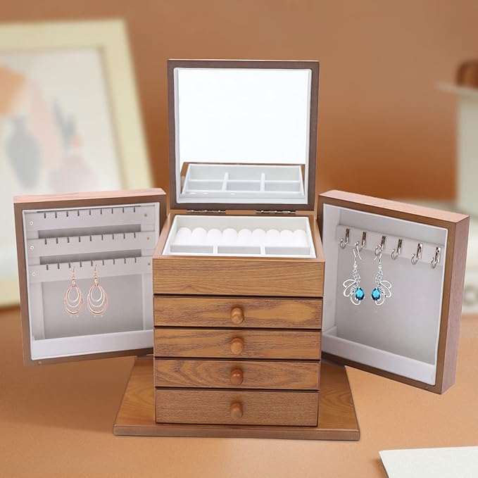 Wooden Jewelry Box for Women, 5-Layer Wooden Jewelry Organizer Boxes with 4 Drawers, Vintage Solild Wood Storage Case for Jewelries, Watches, Necklace, Ring (Light Brown)