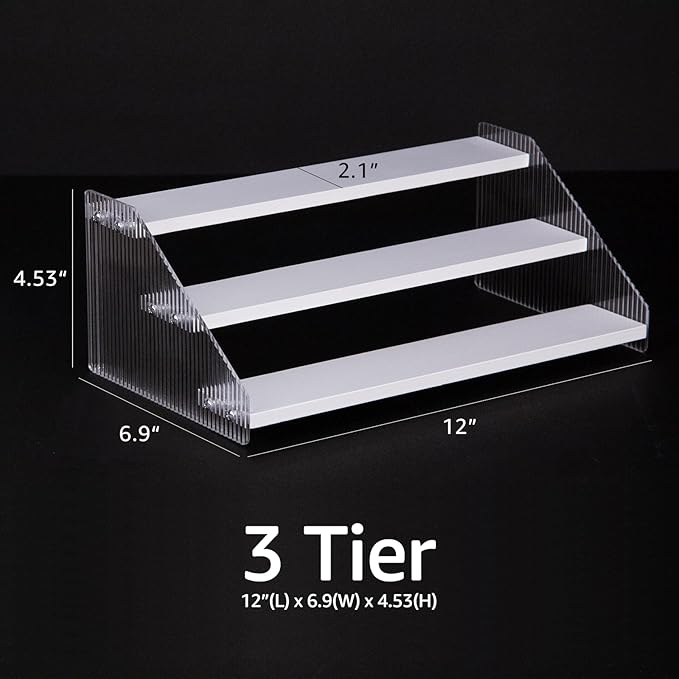 nianfeng Tiered Spice Rack, 3-Tier Spice Pantry Kitchen Cabinet Organizer, 12-Inch, Natural Wood Acrylic Stair Riser Stand, Countertop Seasoning Shelf (White)