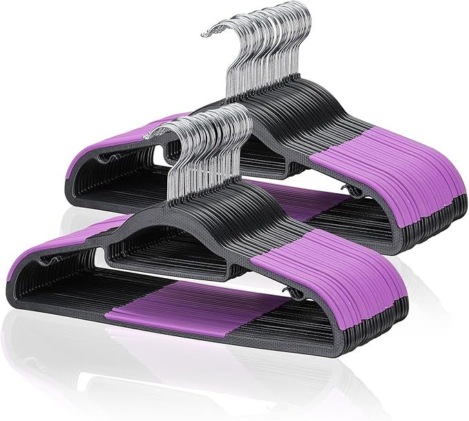 Pack of 50 Coat Hangers, Space-Saving Plastic Clothes Hangers, Non-Slip, 0.2 Inches Slim, 360° Swivel Silver Hook for Shirts, Pants, Suit & Wet/Dry Garments, Purple and Black