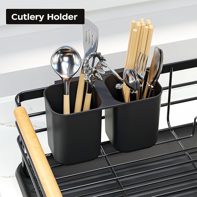 jouzevic Dish Racks for Kitchen Counter: Wooden Handles, Thickened Metal, No Assembly. Small Dish Drying Rack: Ideal for Small Households. Drying Rack Kitchen: Black
