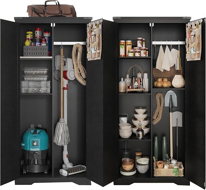 Set of 2 Black Farmhouse Storage Cabinet with Adjustable Shelves, Large Pantry Organize with 2 Barn Doors, Tall Freestanding Cabinet for Kitchen, Bathroom, Garage, Basement, Living, Utility Room