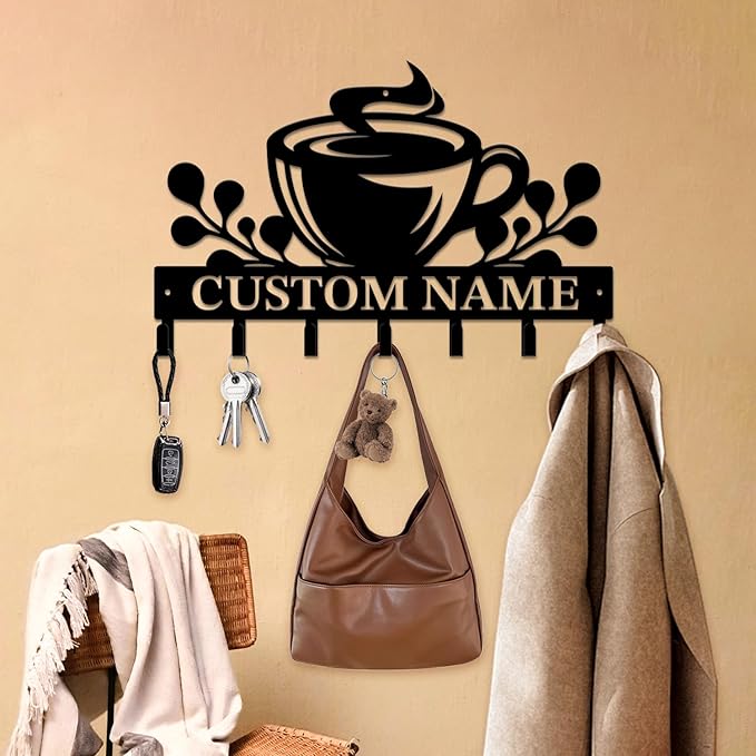 Personalized Custom Name Coffee Bar Wall Keys Hooks,Metal Coffee Shop Art Clothes Hooks,Metal Coffee Lover Wall Home Storage Decorative,For Front Door, Hallway, Kitchen, Bedroom,Keys,Hats (Style A)
