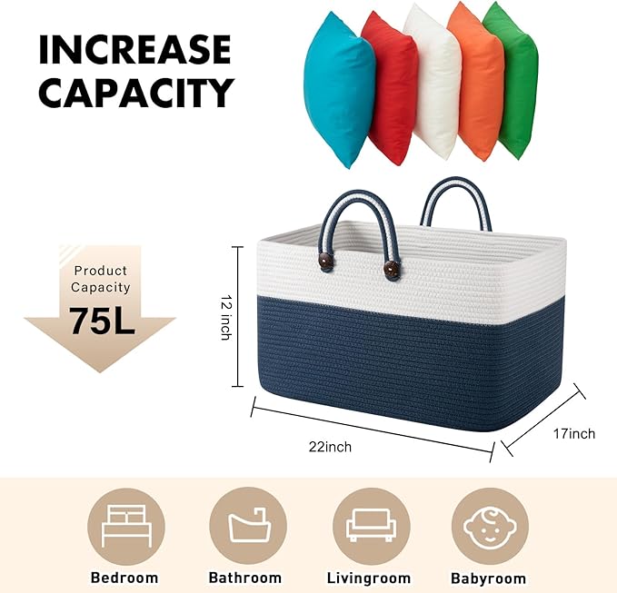 OIAHOMY 75L Large Blanket Basket, 22”x17”x12” Rectangle Woven Baskets For Storage, Nursery Blanket Storage Living Room, Toy Box With Long Handle-Gradient Blue With White