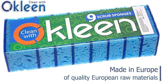 Okleen Blue Multi Use Scrub Sponge. Made in Europe. 18 Pack, 4.3x2.8x1.4 inches. Heavy Duty and Non Scratch Fiber. Odorless, Durable. Delicate Scouring Surface