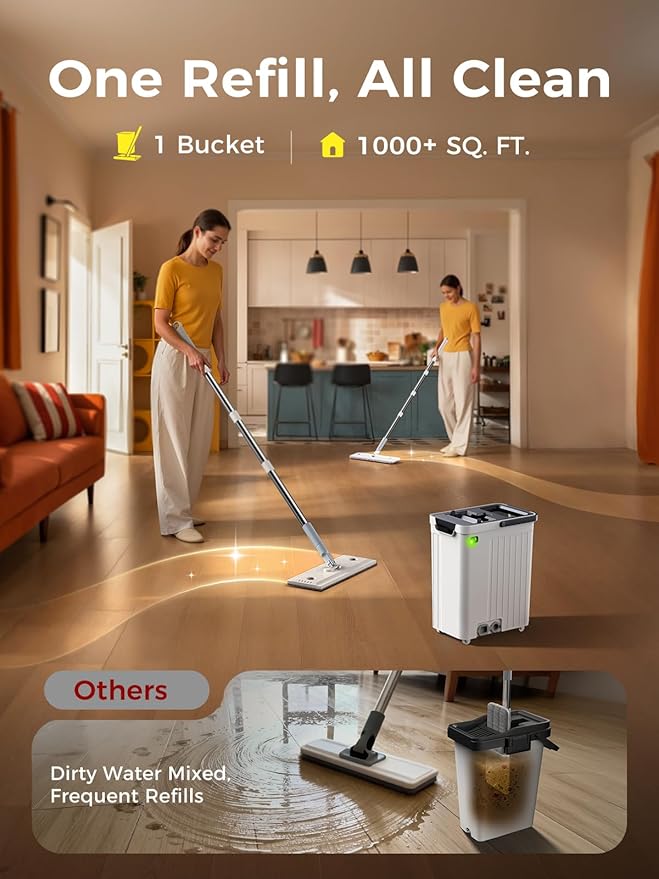 ADICOM Mop and Bucket Set | Auto-Spray Cleaning | Dirty Water Separation Keep Water Fresh | Flat Mop & Bucket with Scraper | 3X Washable Pads | Mops for Floor Cleaning All Floors Tile Wall Window