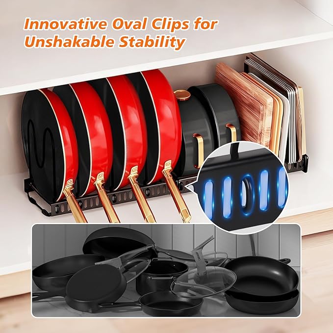 HuuDraLono Pot and Pan Organizer Rack for Under-Cabinet Storage - Adjustable Kitchen Cabinet Organizer with 13 Dividers, Expandable Cutting Board Holder & 6 Non-Slip Silicone Pads-Black