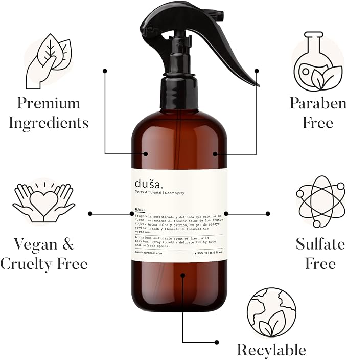 Dusa Baies Room Spray - 16.9 fl oz - Ultimate Home Fragrance, Bed Room Essentials & Soothing Fabric - Natural Air Freshener & Linen Mist for Home - Eco-Friendly Odor Eliminator w/Aromatherapy