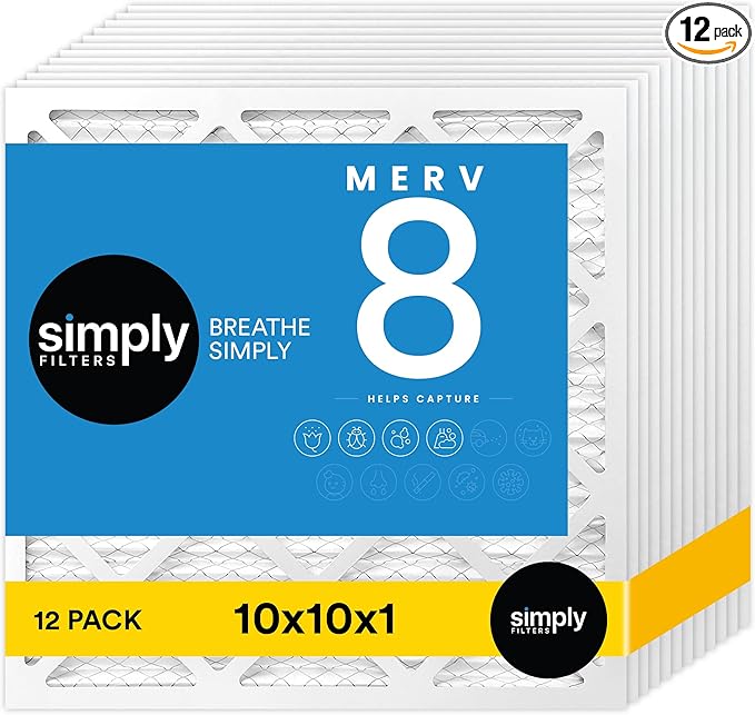 Simply 10x10x1 Air Filter, Merv 8, MPR 600, 12 Pack, Furnace Air Filter for HVAC (Actual Size: 9.75"x9.75"x0.75") DUST, Pet, & Allergy Control
