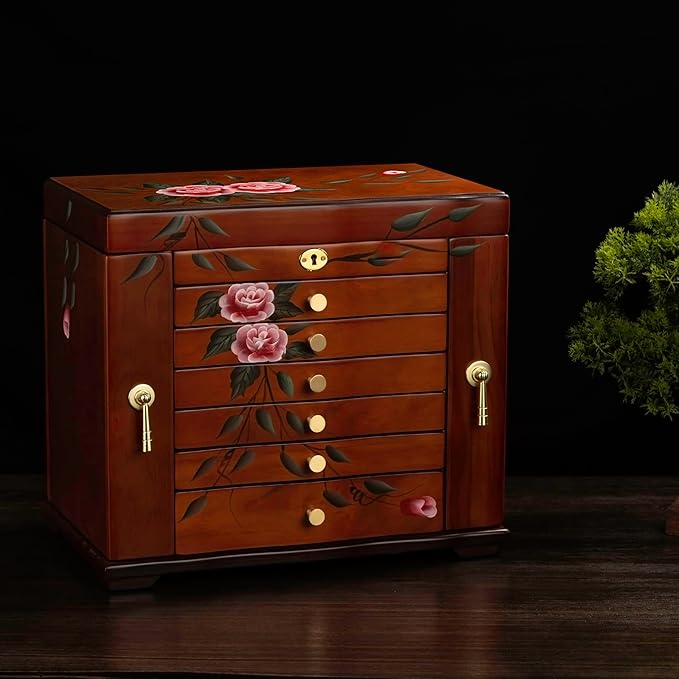 Hand-Painted Wooden Jewelry Box,jewelry boxes for women，jewlrey box&organizers with necklace hanger,jewerly organizer,10-layer large capacity jewelry storage box for jewelry