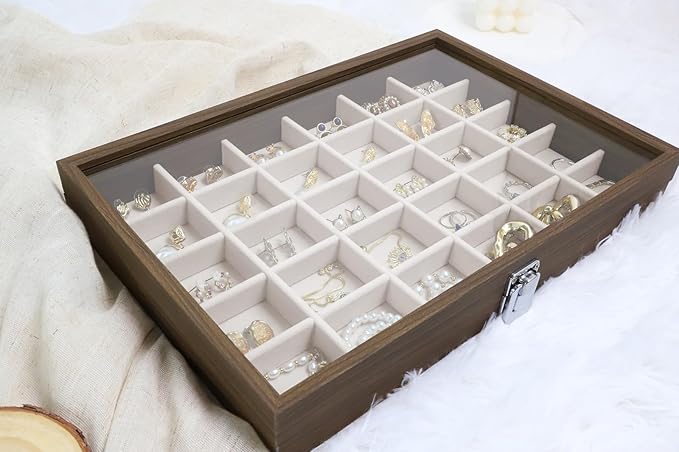 Wudygirl Jewelry Organizer Vintage Jewelry Tray Wooden Earring Holder Organizer with Clear Lid 30 Grid Jewelry Box Drawer Insert Jewelry Display Case for Women（30 Grid）