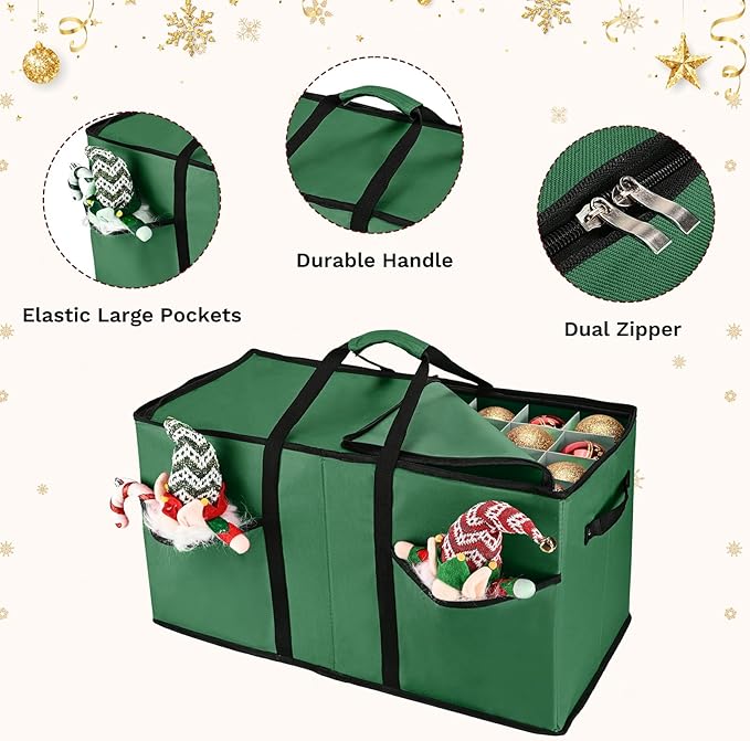 Christmas Ornament Storage Box, Ornament Storage Organizer Fits 128 of 3 inch Ornament Balls, 8 Removable Tray Ornaments Storage Containers with Dividers to Store Xmas Holiday Decor(Green)