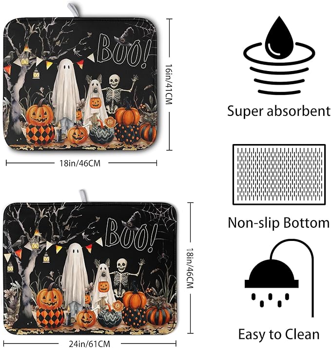 Kwlegh Halloween Dish Drying Mat for Kitchen Counter 16x18 Inch Black Ghost Pumpkins Dog Boo Skull Dishes Drainer Mats Absorbent Microfiber Washable Dish Draining Pad for Sink Coffee Bar
