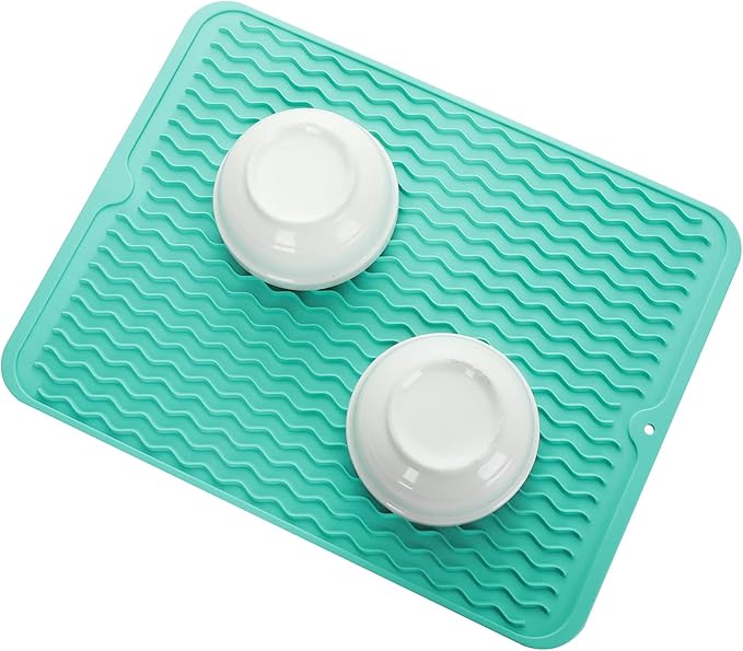 MicoYang Silicone Dish Drying Mat for Multiple Usage,Easy clean,Eco-friendly,Heat-resistant Silicone Mat for Kitchen Counter or Sink,Refrigerator or drawer liner Mint L 16 inches x 12 inches