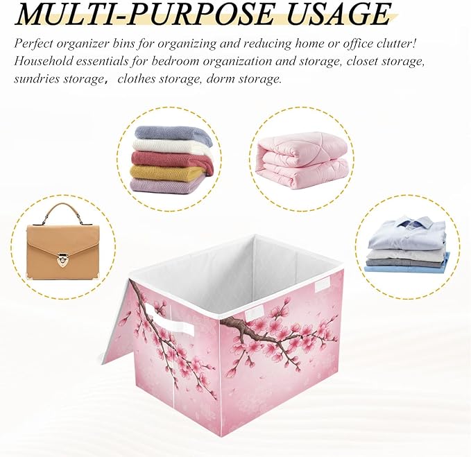 Bolaz Spring Cherry Blossom Background Storage Bins with Lids and Handles, Foldable Storage Box Storage Basket with Cover Collapsible Organizer Containers for Home Closet, Shelves