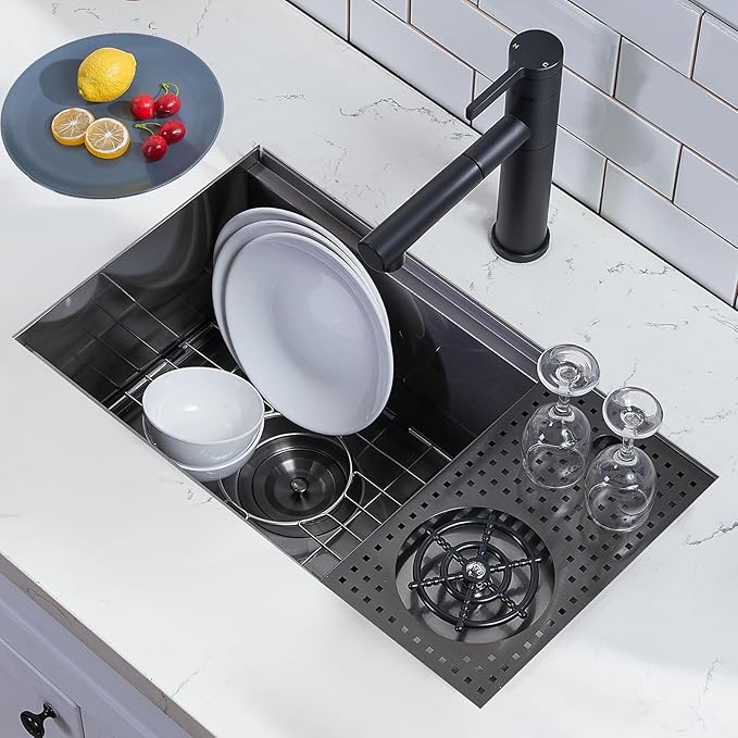VCCUCINE 23 Inch Gunmetal Black Undermount Bar Sink with Glass Rinser,23x14 RV Small Kitchen Sink Stainless Steel Workstation Wet Bar Sink,16 Gauge Single Bowl Outdoor Prep Sink with Cutting Board