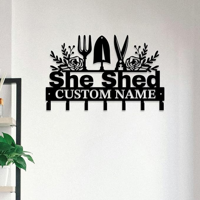 Personalized She Shed Metal Keys Hooks,Custom Name Metal She Shed Keys Hooks,Black Metal She Shed Wall Home Storage Decorative Keys Hooks,Key Holder Hooks for Wall (Style H)