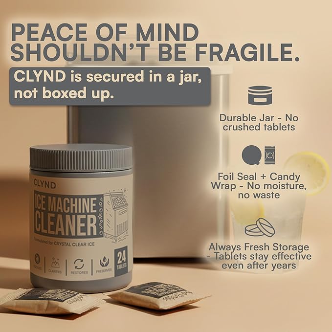 CLYND Nickel Safe Ice Machine Cleaner and Descaler 24-Pack Countertop Ice Maker Cleaner Tablets – No Residue, Unscented, Non-Corrosive Formula for Commercial, Nugget, and Home Machines