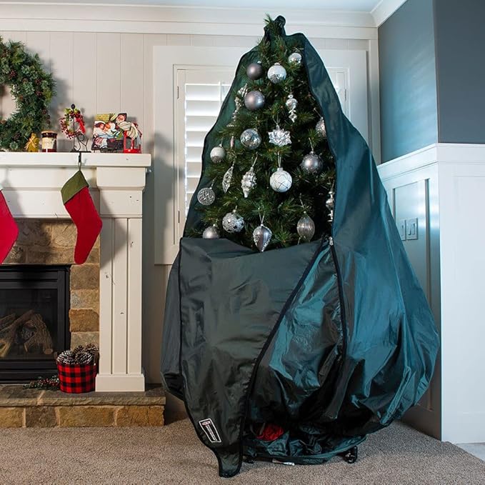 [Upright Tree Storage Bag] - 9 Foot Christmas Tree Storage Bag for Fully Decorated Artificial Trees up to 9 Feet Tall - Keep Your Fake Tree Assembled with Ornaments | Includes Rolling Tree Stand