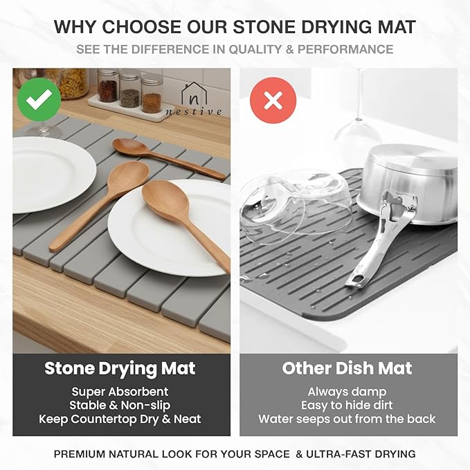 Large Stone Dish Drying Mat for Kitchen Counter, 24"x16", Fast Drying Collapsible, Diatomaceous Earth Mat, Super Absorbent Folding Mat for Dishes, Bottles, Glass, Heat-Resistant, Non-Slip (Light Gray)