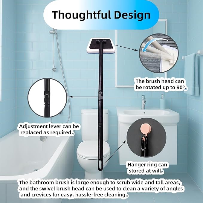 Tub Tile Scrubber Cleaning Brush, Sponge on a Stick for Cleaning Adjustable Long Handled Scrub Brush with 21.7'' Handle for Cleaning Shower Bathroom Vessel Sinks Toilet Wall Floor Black