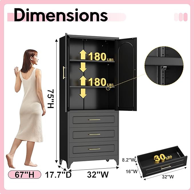 Pantry Kitchen Cabinet with Drawer, 75" Tall Pantry Storage Cabinet, Metal Storage Cabinets with Doors and Shelves, Large Freestanding Cupboard for Dining Room, Assembly Required, Black